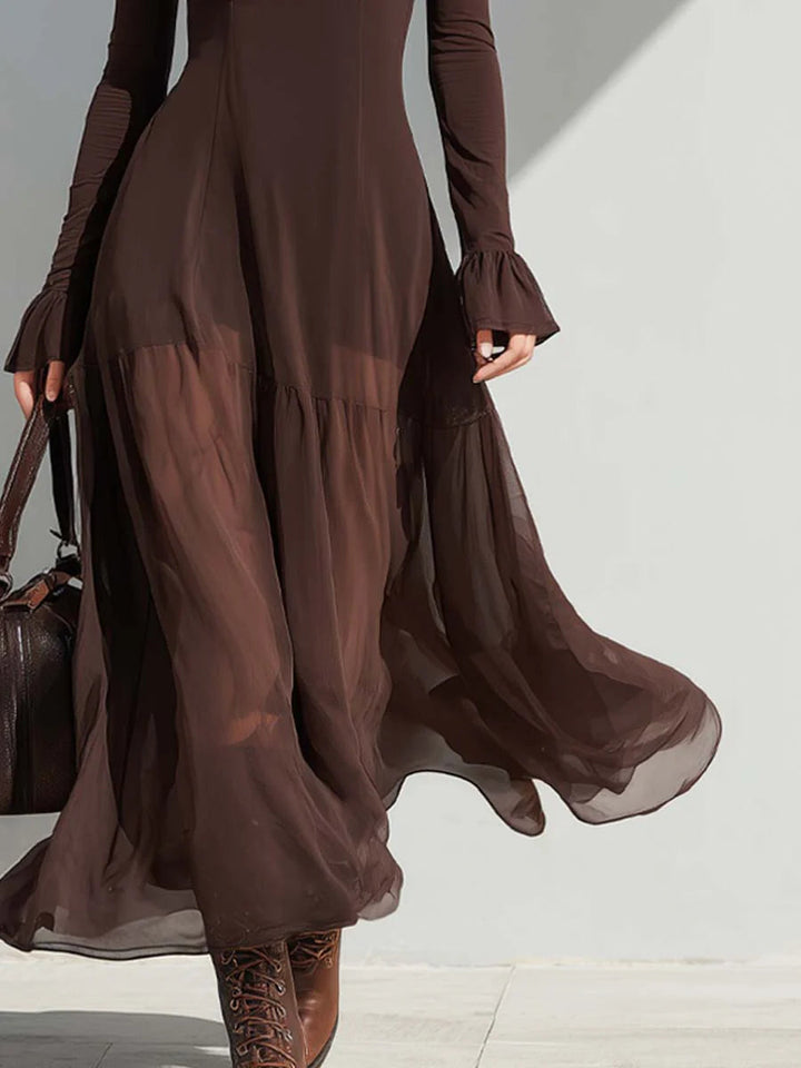 Abito Midi Flare con Scollo Quadrato e Maniche Trasparenti