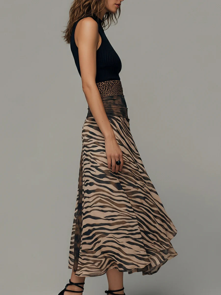 Abito Midi Senza Maniche in Stile Vintage con Stampa Zebra
