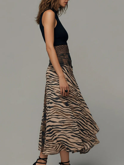 Abito Midi Senza Maniche in Stile Vintage con Stampa Zebra