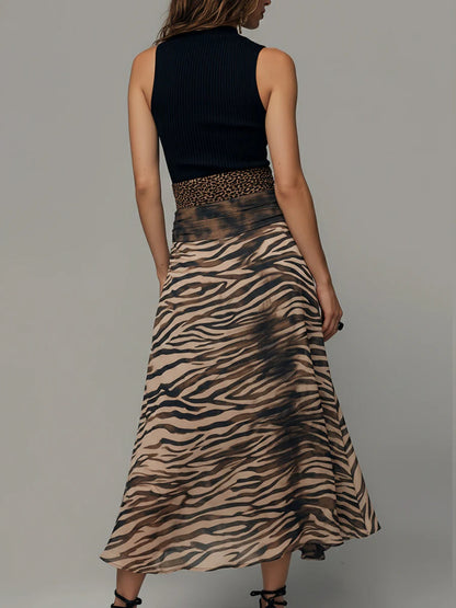 Abito Midi Senza Maniche in Patchwork Stampa Zebra Vintage