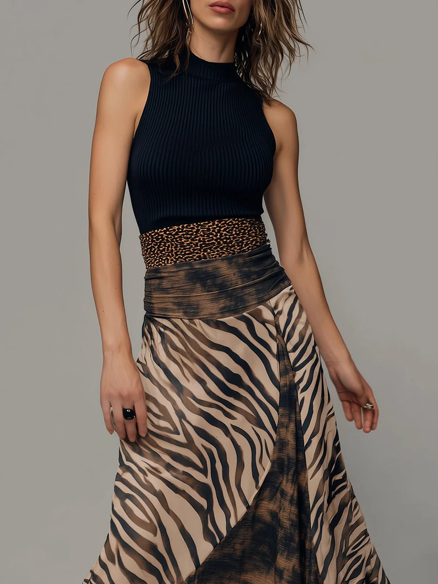 Abito Midi Senza Maniche in Stampa Zebra Vintage