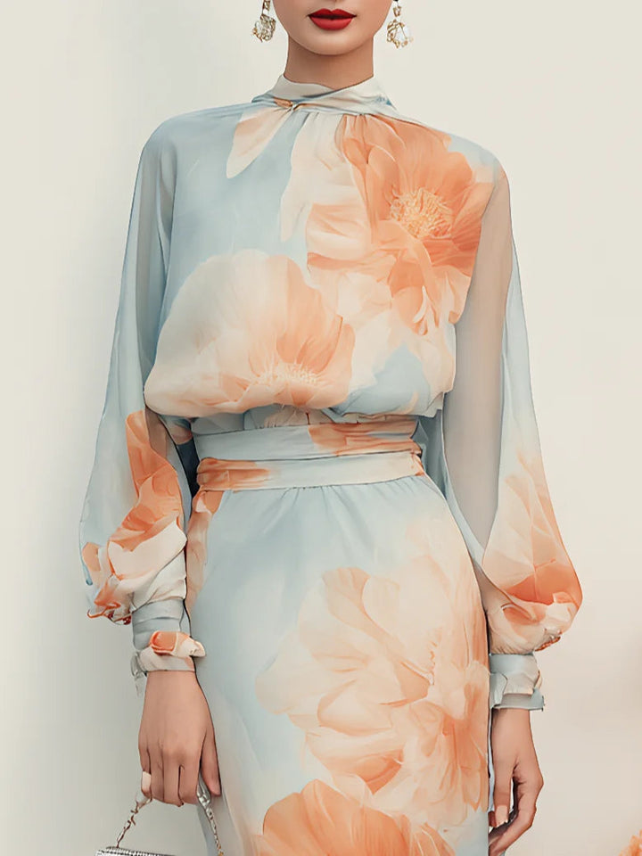 Set Due Pezzi Top a Maniche Lunghe con Collo Alto e Gonna Floreale Romantica