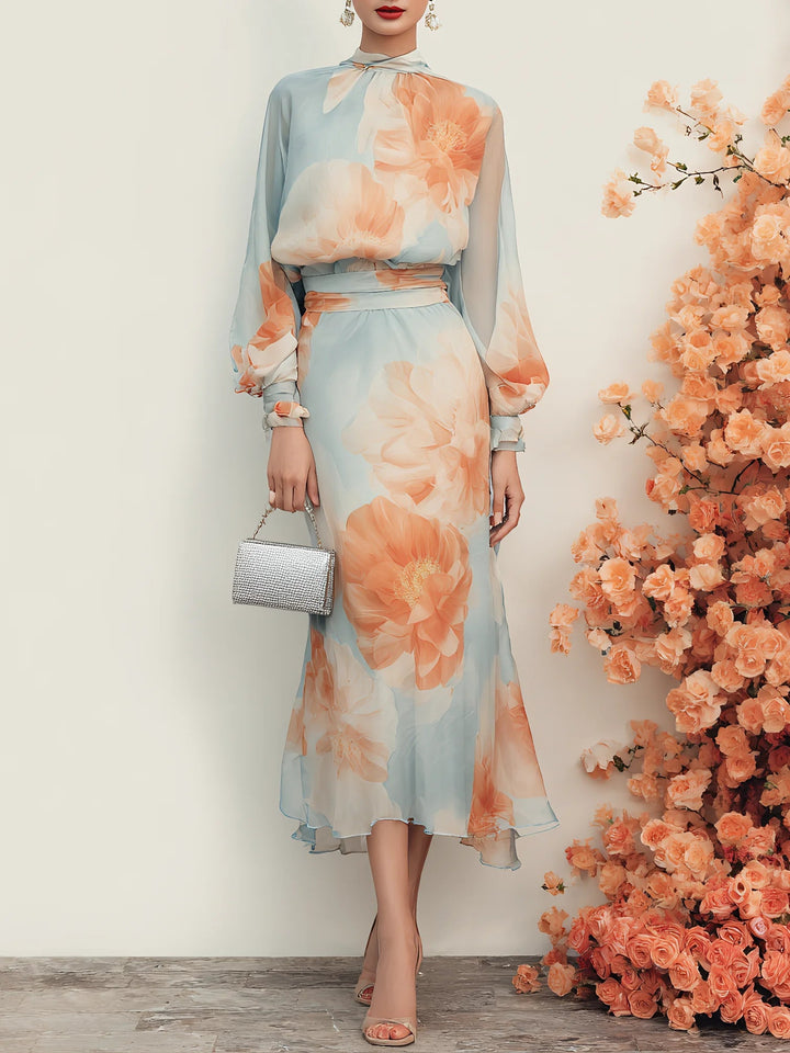 Set Due Pezzi Top a Maniche Lunghe con Collo Alto e Gonna Floreale Romantica