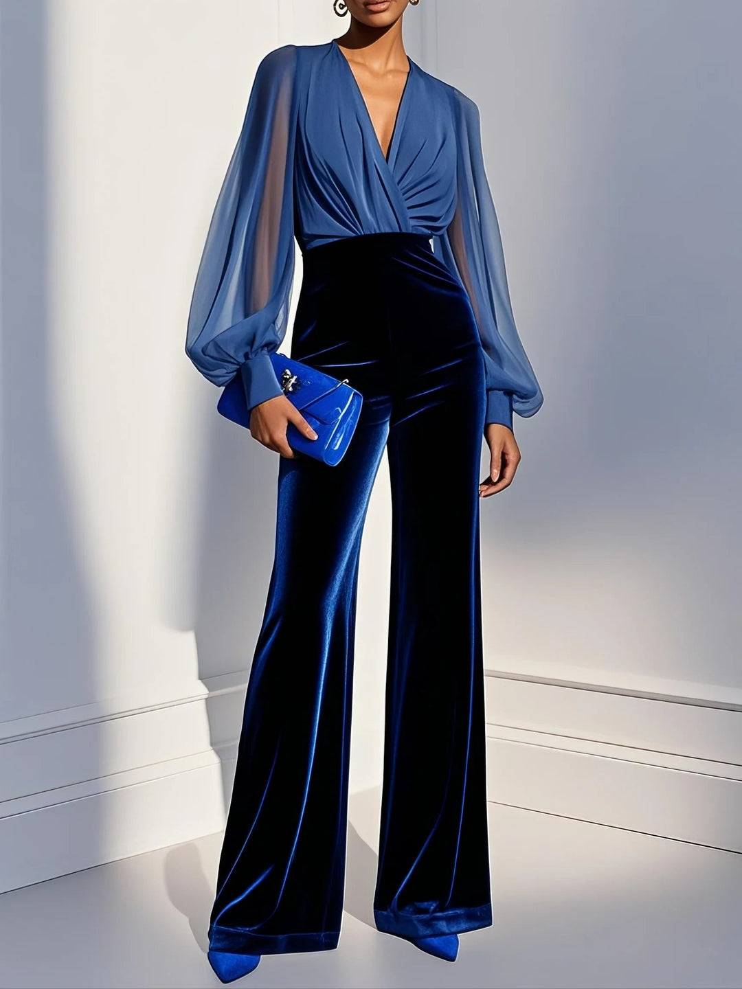 Tuta in velluto blu con scollo a V e maniche lunghe
