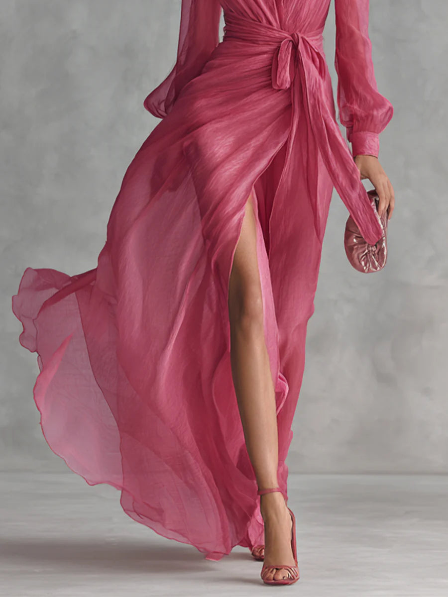 Elegante Abito Lungo in Chiffon Rosa con Scollatura a V e Vita Regolabile