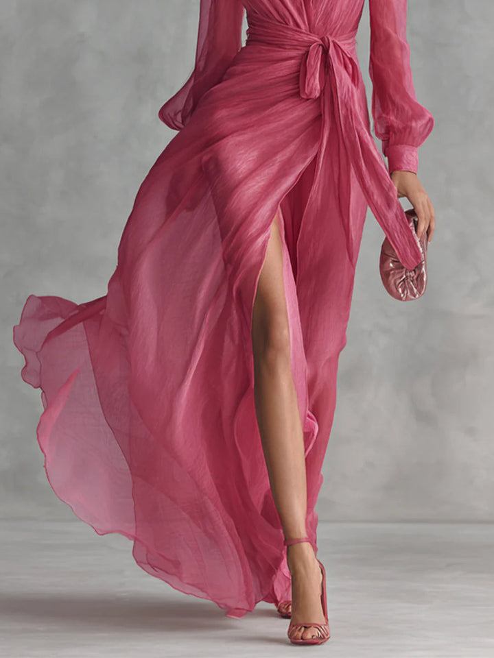 Elegante Abito Lungo in Chiffon Rosa con Scollo a V e Vita Legata