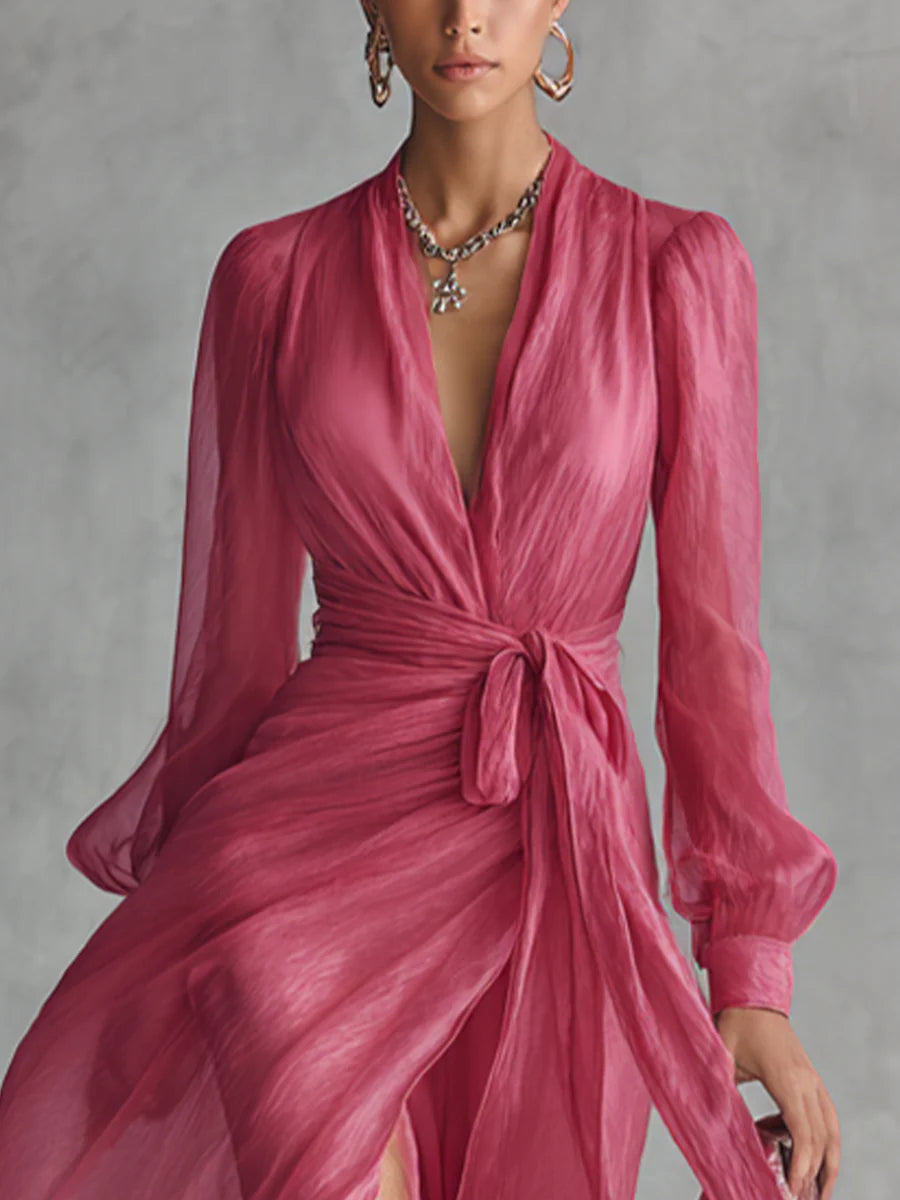 Elegante Abito Lungo in Chiffon Rosa con Scollo a V e Vita Legata