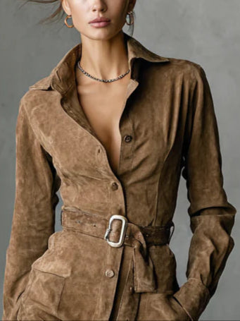 Abito Midi in Suede a Un Bottone con Collo Rever（Cintura non inclusa）