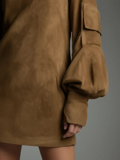 Abito Mini in Suede Vintage con Collo Alto