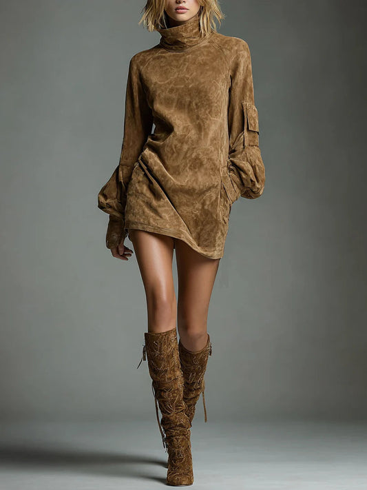 Abito Mini in Suede Vintage con Collo Alto