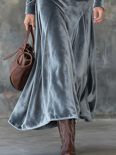 Abito Maxi in Velluto Grigio con Colletto e Bottoni Metallici (con cintura)