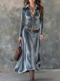 Abito Maxi in Velluto Grigio con Colletto e Bottoni Metallici (con cintura)