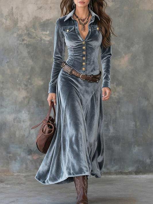 Abito Maxi in Velluto Grigio con Colletto e Bottoni Metallici (con cintura)