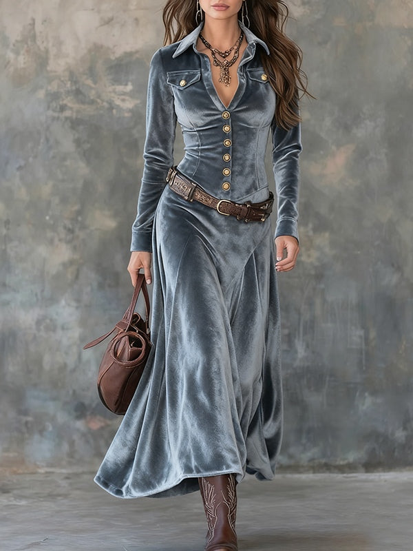 Abito Maxi in Velluto Grigio con Colletto e Bottone Metallico (con cintura)