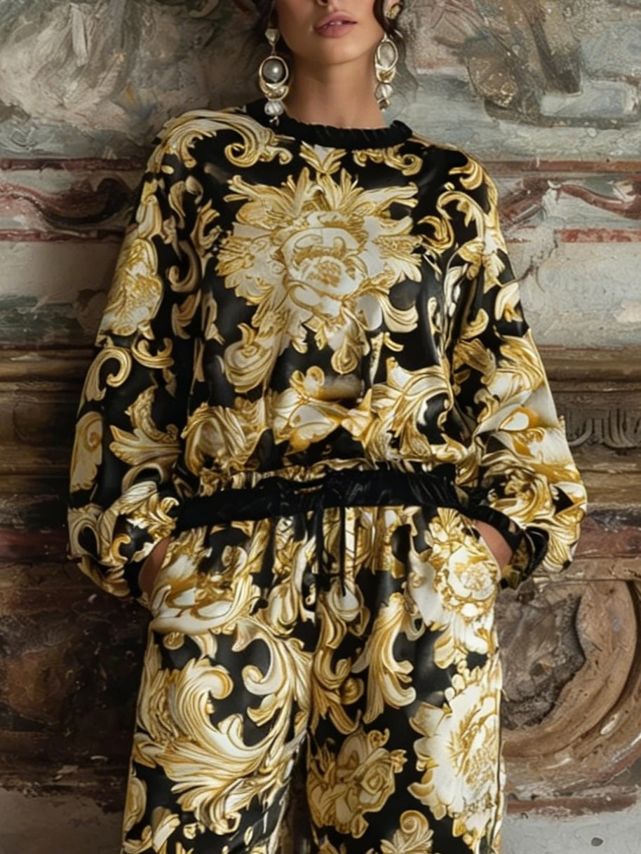 Set di Loungewear con Top a Maniche Lunghe e Pantaloni a Gamba Larga con Stampa Barocca