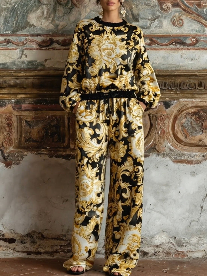 Set di Loungewear con Top a Maniche Lunghe e Pantaloni a Gamba Larga con Stampa Barocca