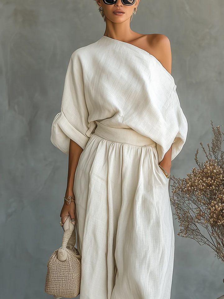 Set Top Casual Lino Off-Shoulder Color Avorio e Pantaloni Tapered