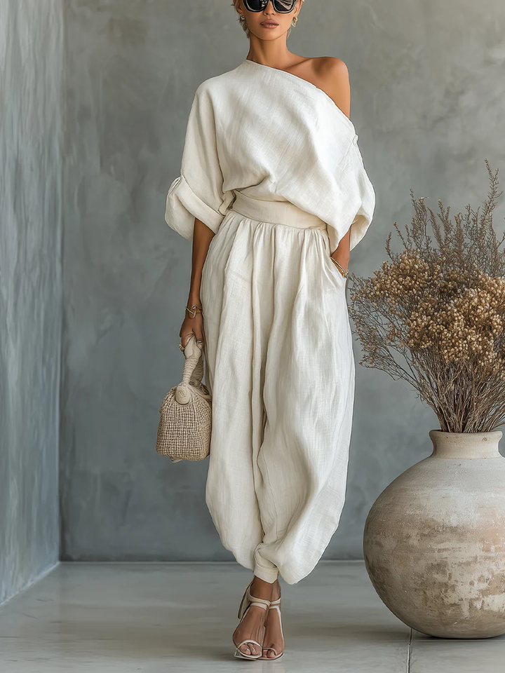 Set Top Casual Lino Off-Shoulder Color Avorio e Pantaloni Tapered