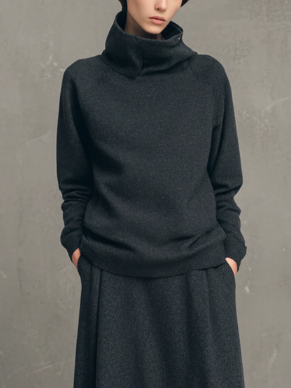 Set Top Alto Collo In Air-layer Grigio Carbone E Gonna Lunga Svasata