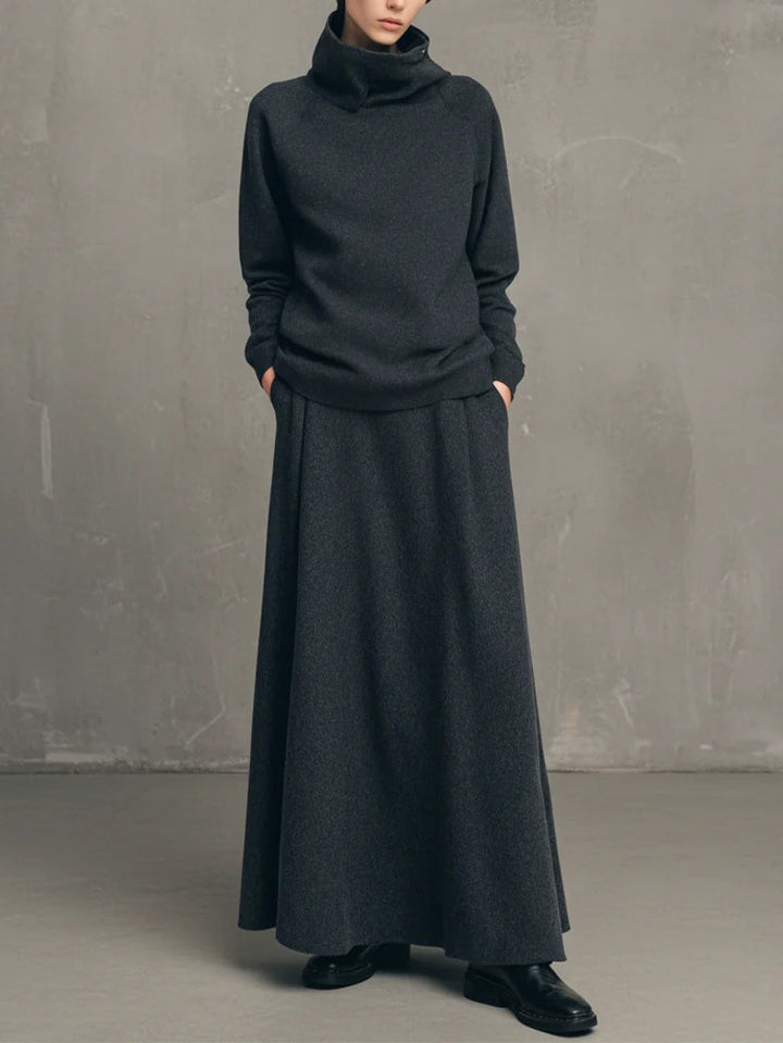 Set Top Alto Collo In Air-layer Grigio Carbone E Gonna Lunga Svasata