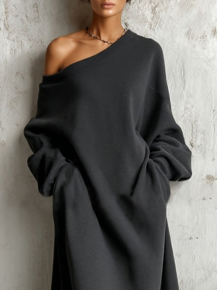 Abito Maxi Felpa Nero con Spalle Scoperte