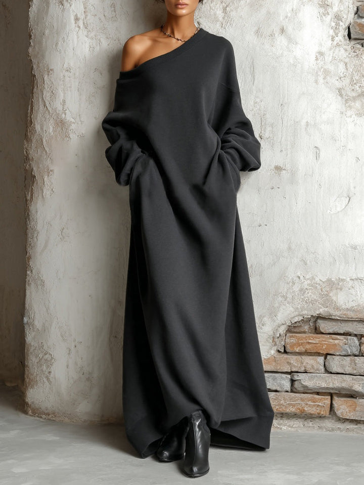 Abito Maxi Felpa Nero con Spalle Scoperte