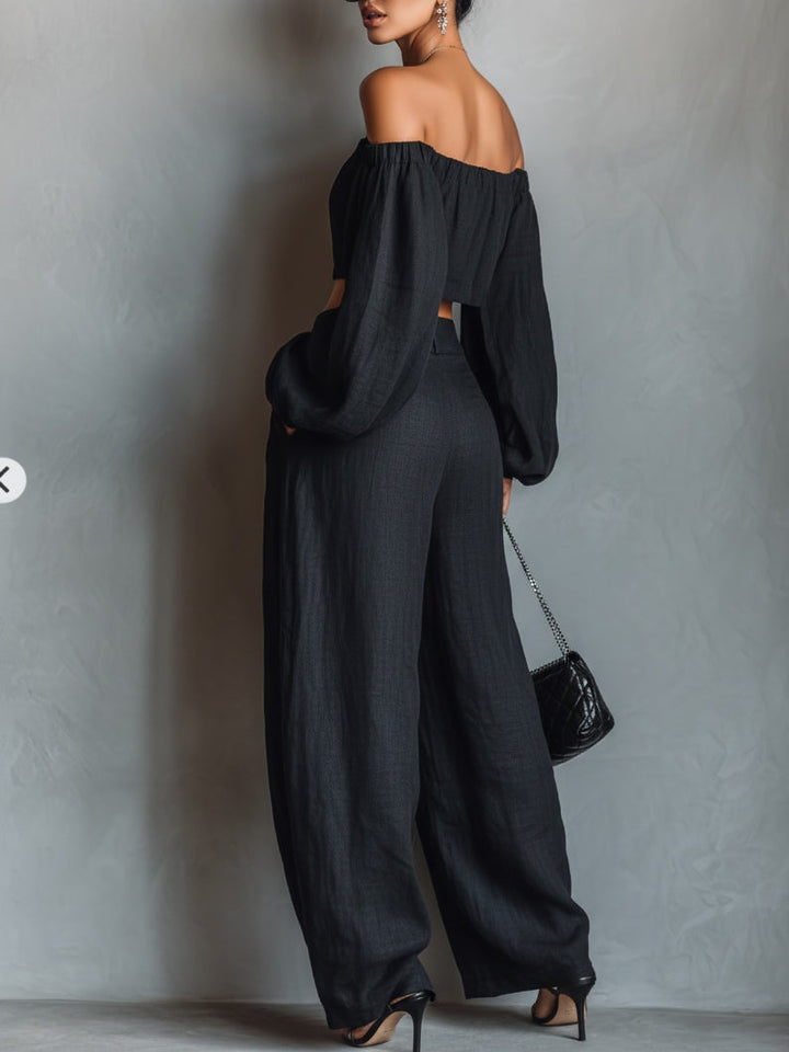 Set di Top Nero Off-the-shoulder a Maniche Lunghe e Pantaloni a Gamba Larga