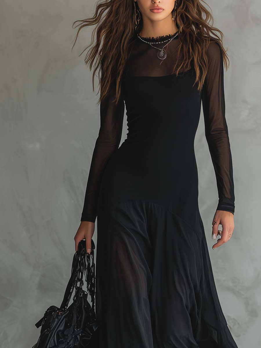 Abito Maxi Lungo in Tulle Patchwork Nero