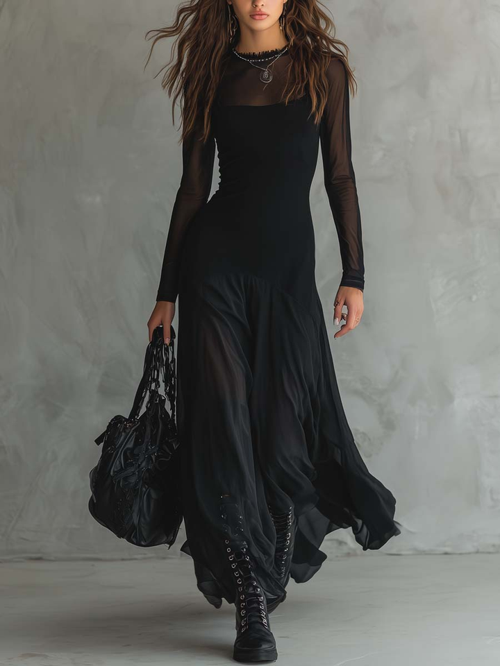 Abito Maxi Lungo in Tulle Patchwork Nero