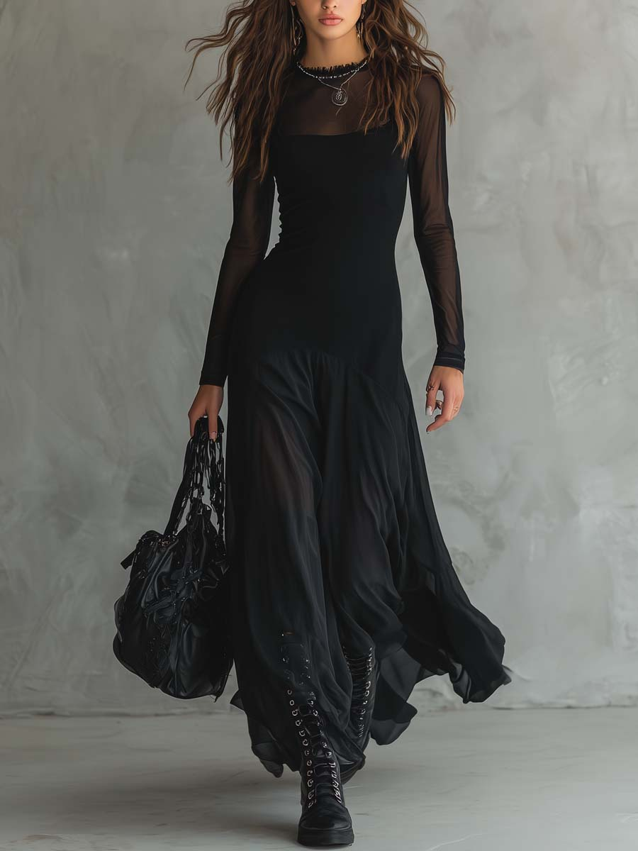 Abito Maxi in Tulle Nero a Patchwork, Morbido e Comodo
