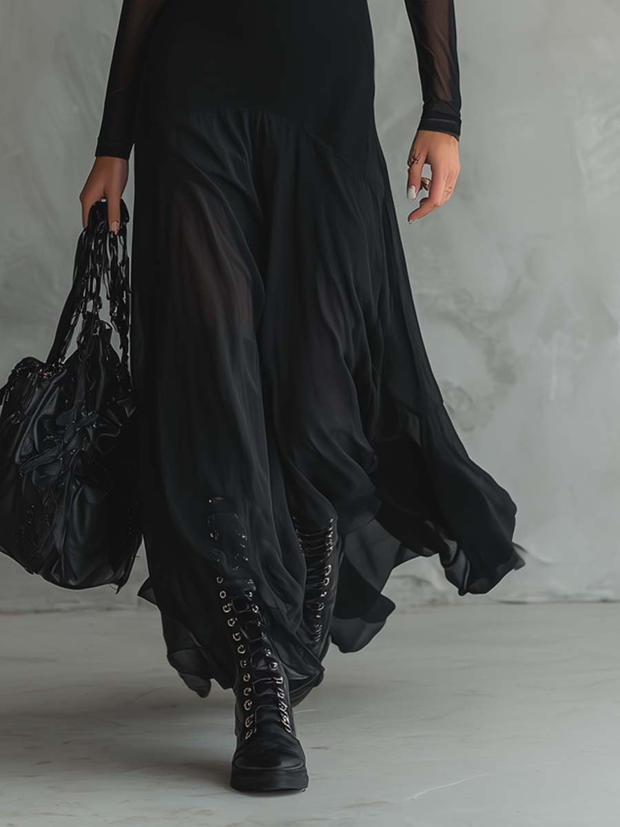 Abito Maxi Lungo in Tulle Patchwork Nero