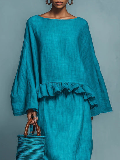 Blusa Blu Con Volant E Gonna Dritta