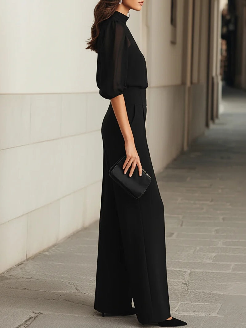 Top in Chiffon Nero Trasparente e Pantaloni a Gamba Larga Set di Tre Pezzi