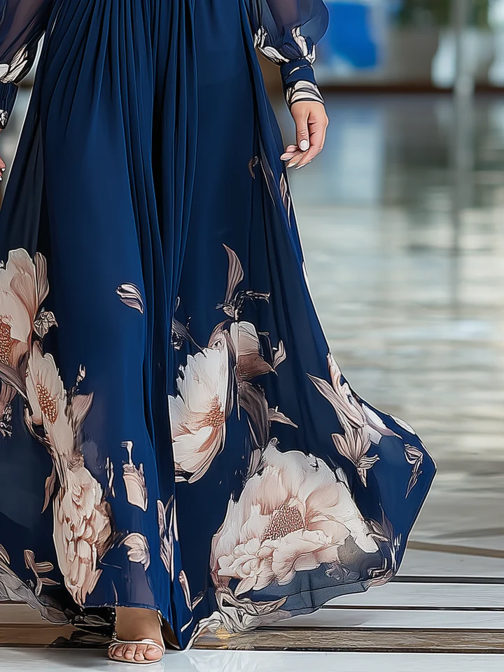 Abito Maxi Plissettato Floreale con Maniche in Tulle V-Scollato Blu Navy