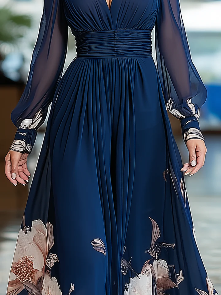 Abito Maxi Plissettato Floreale con Maniche in Tulle e Scollatura a V Blu Navy