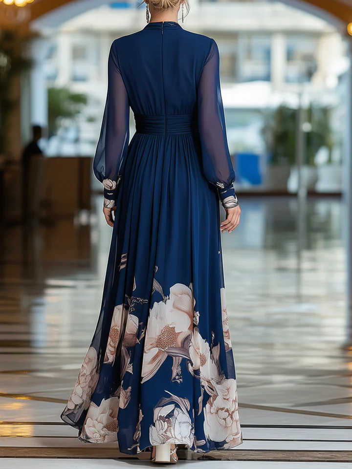 Abito Maxi Plissettato Floreale con Maniche in Tulle A V Blu Navy