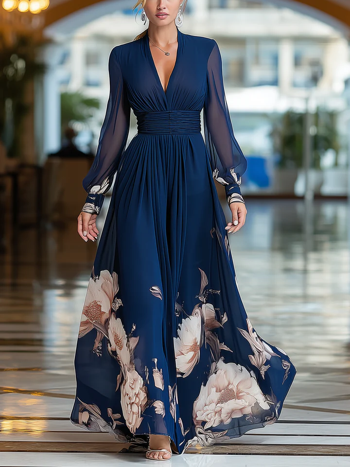 Abito Maxi Plissettato Floreale con Maniche in Tulle e Scollatura a V Blu Navy