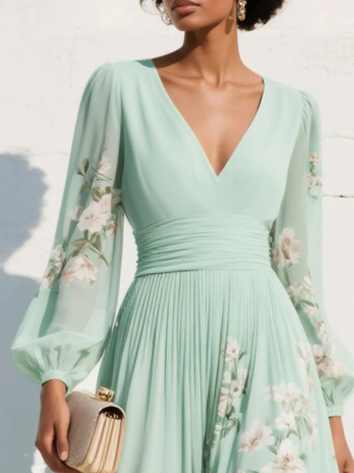 Susane | Abito maxi plissettato in chiffon verde menta con stampa floreale per donna