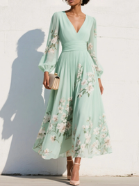 Susane | Abito maxi plissettato in chiffon verde menta con stampa floreale per donna