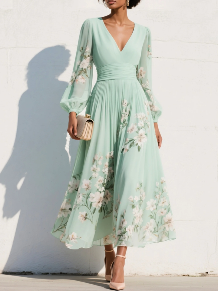 Susane | Abito maxi plissettato in chiffon verde menta con stampa floreale per donna