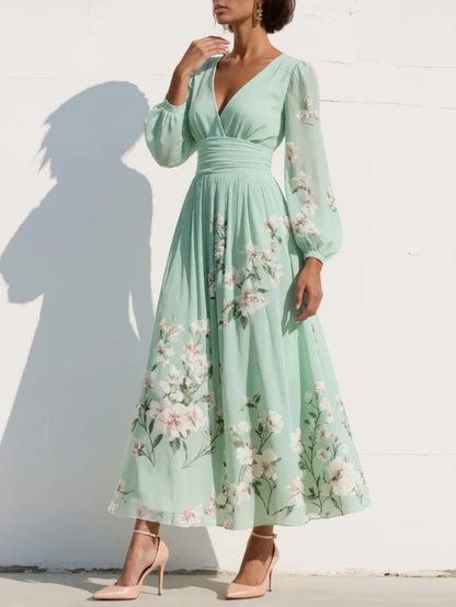 Susane | Abito maxi plissettato in chiffon verde menta con stampa floreale per donna