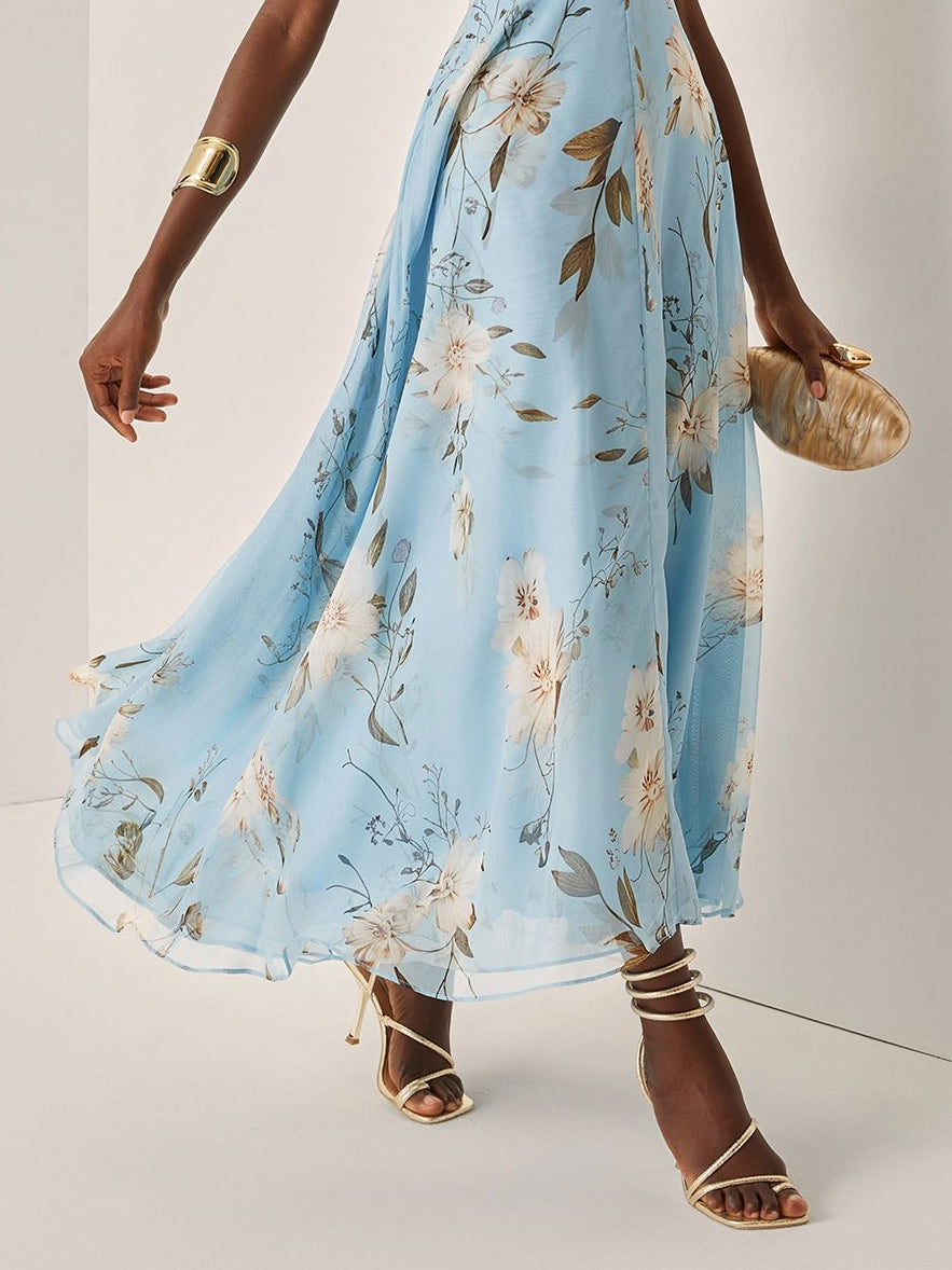 Abito Maxi in Chiffon a Spalla Scoperta con Fiori Blu Chiaro