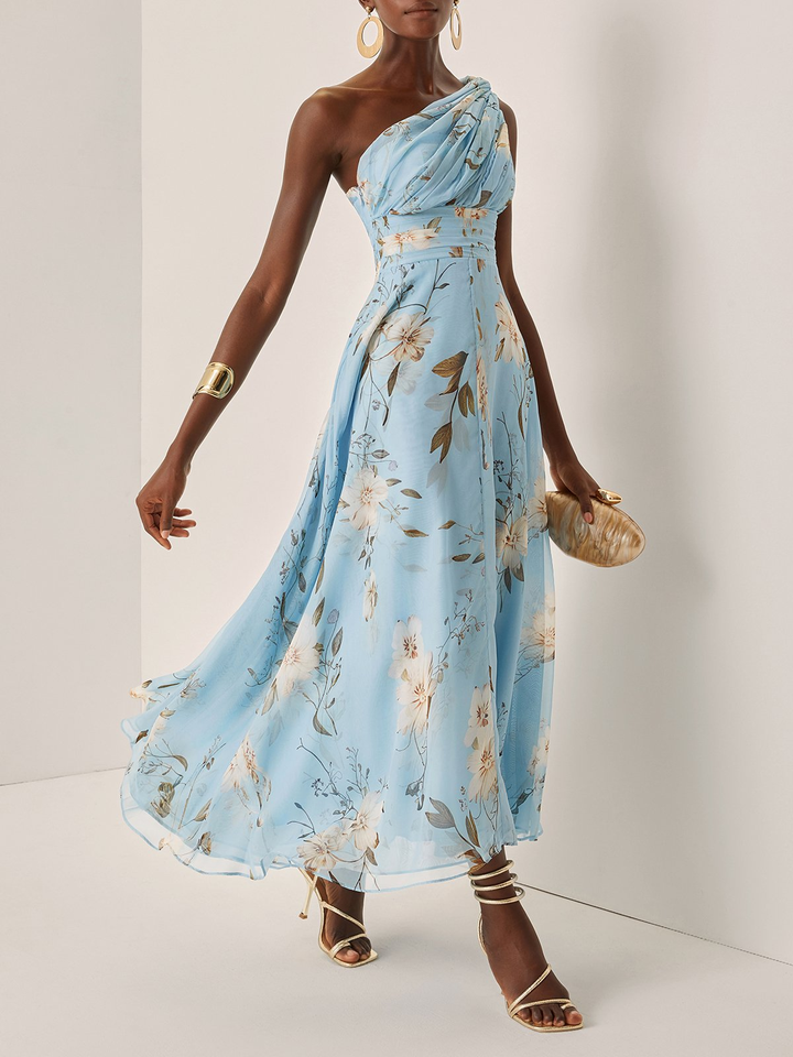 Abito Maxi in Chiffon a Spalla Scoperta con Fiori Blu Chiaro