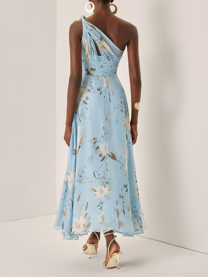 Abito Maxi Chiffon Plissettato a Spalla Unica Blu Chiaro con Fiori