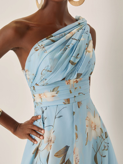 Abito Maxi Plissettato in Chiffon a Spalla Unica Azzurro Chiaro