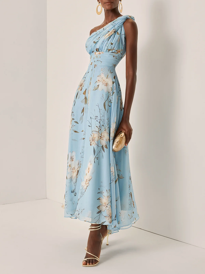 Abito Maxi Chiffon Plissettato a Spalla Unica Blu Chiaro con Fiori