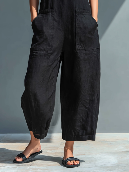Salopette Nera Minimalista in Finto Lino con Collo a Camicia Senza Maniche e Vestibilità Larga