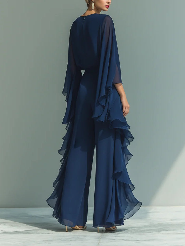 Set Top in Chiffon Blu Marino con Maniche a Campana e Pantaloni dritti con Volant