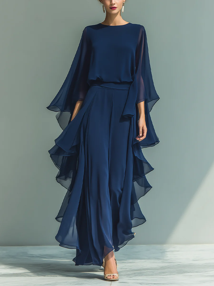 Set Top in Chiffon Blu Navy con Maniche a Campana e Pantaloni dritti con Volant
