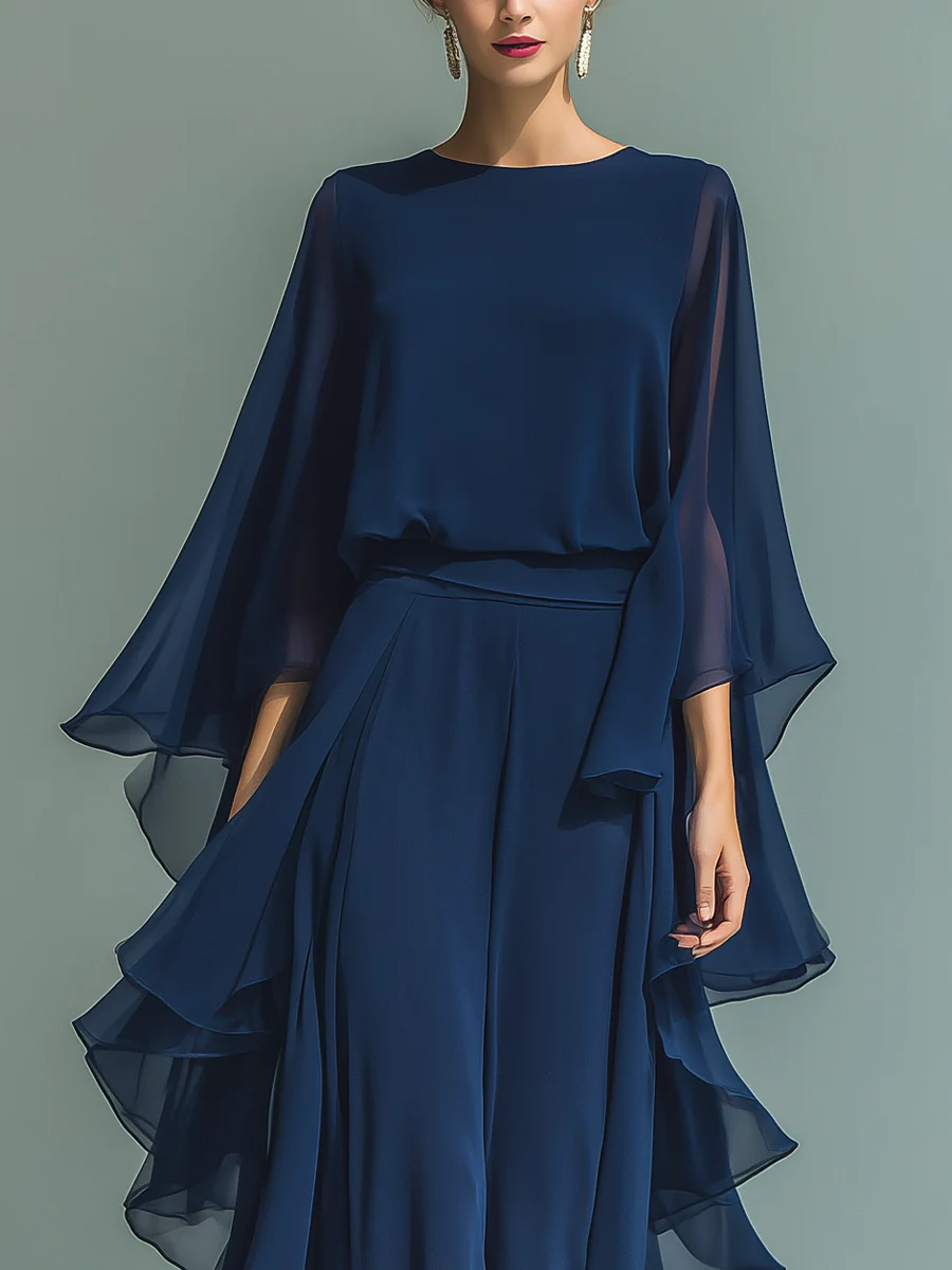 Set Top in Chiffon Blu Navy con Maniche a Campana e Pantaloni dritti con Volant